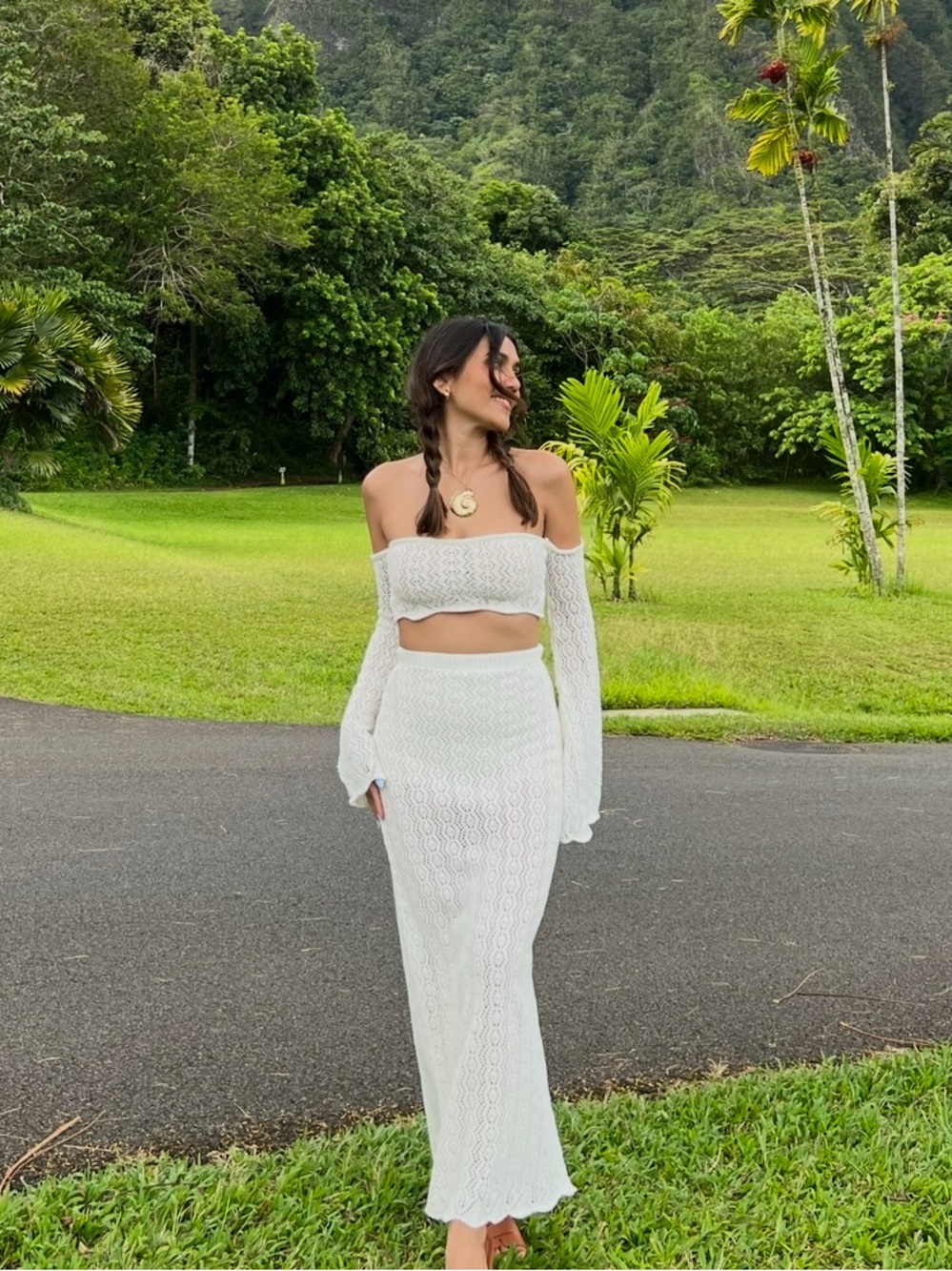 PrettyLittleThing Cream Crochet Maxi Skirt & Crop Top Set